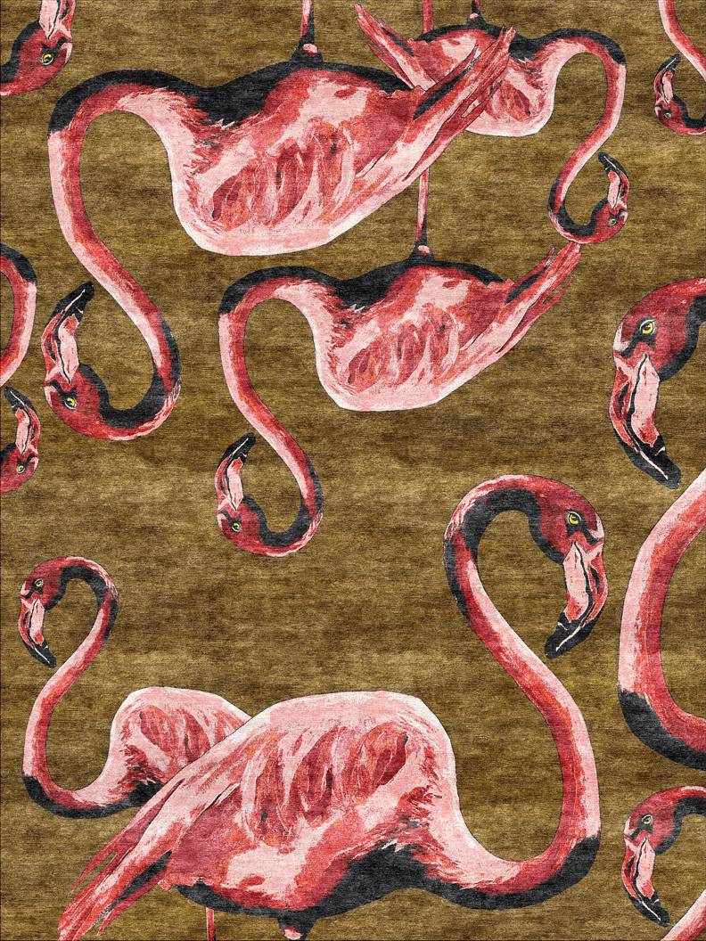 Flamingos Pink on Gold Rug by Jimmie Martin 